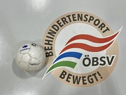 Eine Torballmatte und ein darauf abgelegter Torball. Die Matte ist gebrandet mit 'Behindertensport bewegt'