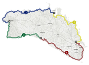 Das Bild zeigt mit unterschiedlichen Farben die gekennzeichneten Etappen auf der Karte von Menorca